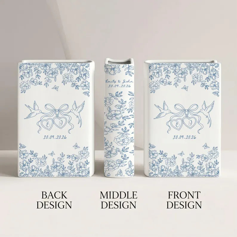 Personalized Engagement Ceramic Book Vase, Custom Toile De Jouy Couple Name Flower Vase, Anniversary Gift, Wedding Couple Gift,Bridal Shower