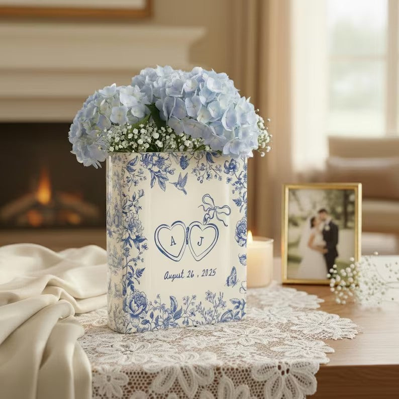 Personalized Engagement Ceramic Book Vase, Custom Wedding Vase, Couple Initials Vase, Toile de Jouy Vase, Engagement Gifts, Gift For Bride