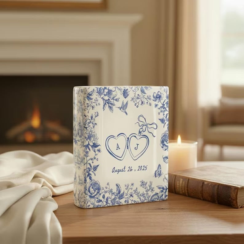 Personalized Engagement Ceramic Book Vase, Custom Wedding Vase, Couple Initials Vase, Toile de Jouy Vase, Engagement Gifts, Gift For Bride