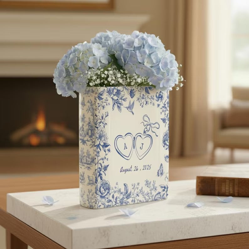 Personalized Engagement Ceramic Book Vase, Custom Wedding Vase, Couple Initials Vase, Toile de Jouy Vase, Engagement Gifts, Gift For Bride