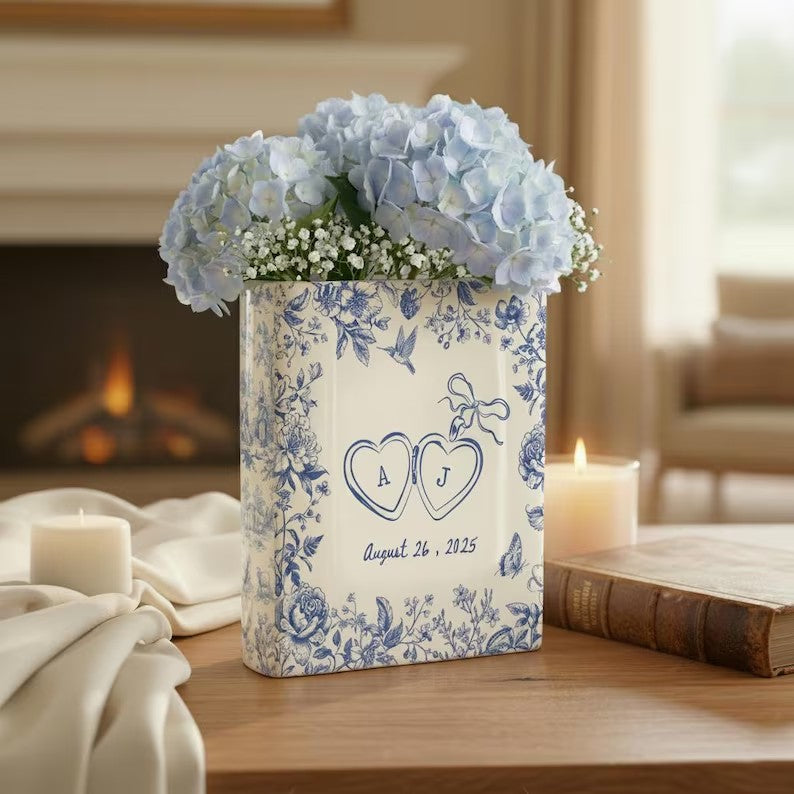 Personalized Engagement Ceramic Book Vase, Custom Wedding Vase, Couple Initials Vase, Toile de Jouy Vase, Engagement Gifts, Gift For Bride