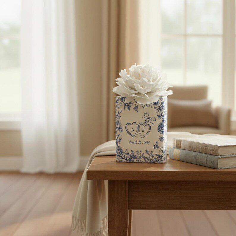 Personalized Engagement Ceramic Book Vase, Custom Wedding Vase, Couple Initials Vase, Toile de Jouy Vase, Engagement Gifts, Gift For Bride