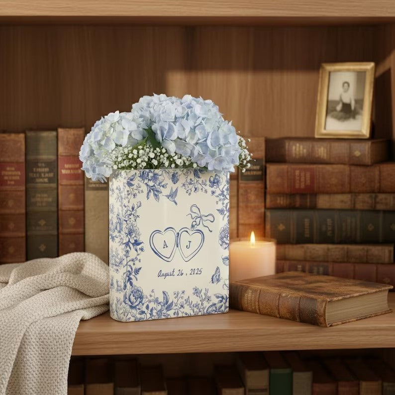 Personalized Engagement Ceramic Book Vase, Custom Wedding Vase, Couple Initials Vase, Toile de Jouy Vase, Engagement Gifts, Gift For Bride