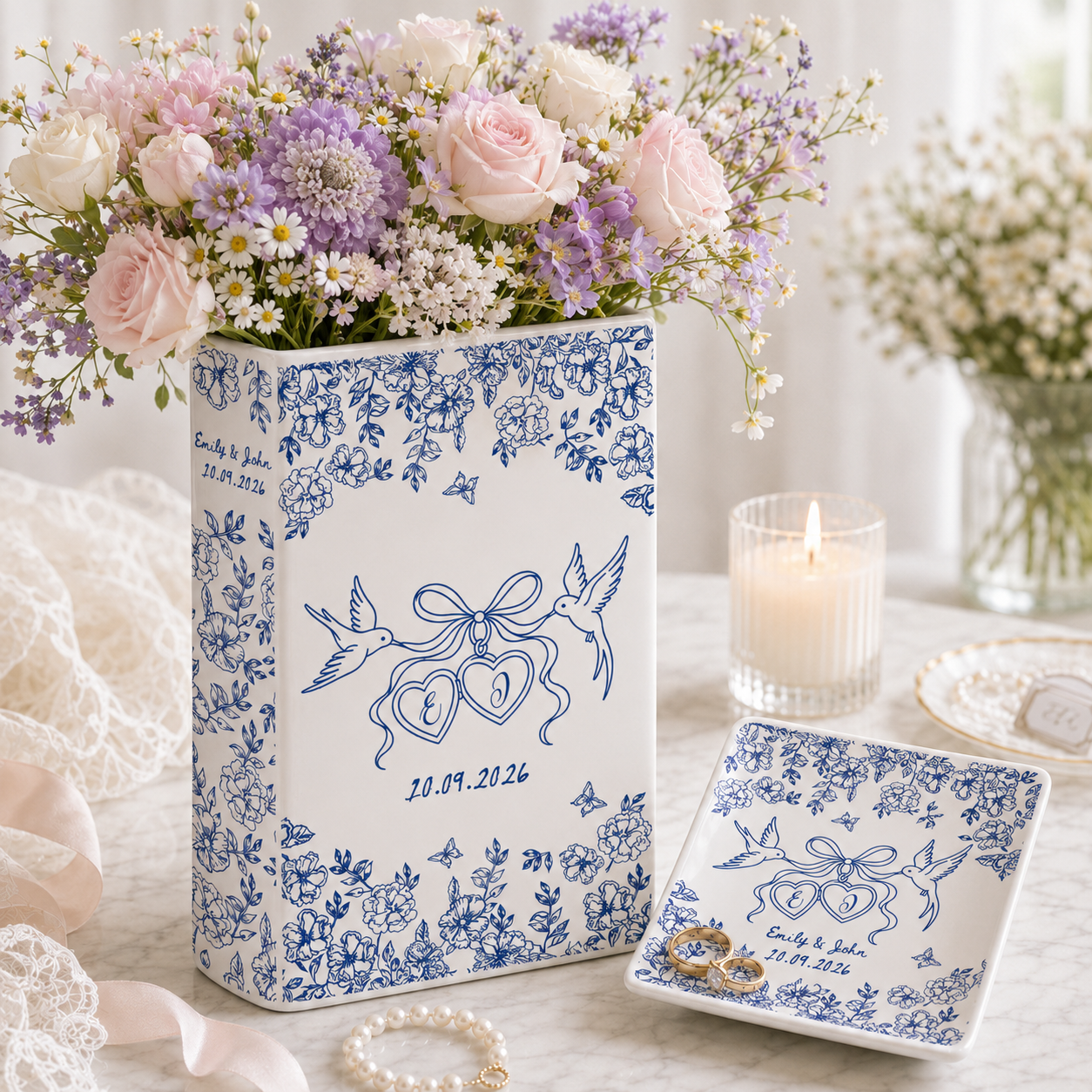 Personalized Engagement Ceramic Book Vase, Custom Toile De Jouy Couple Name Flower Vase, Anniversary Gift, Wedding Couple Gift,Bridal Shower