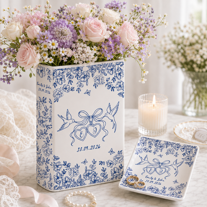 Personalized Engagement Ceramic Book Vase, Custom Toile De Jouy Couple Name Flower Vase, Anniversary Gift, Wedding Couple Gift,Bridal Shower