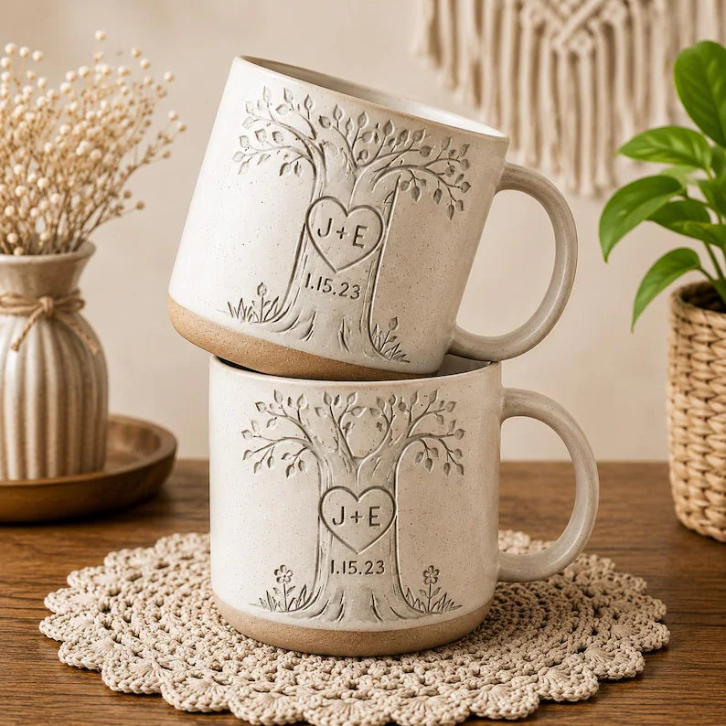 Personalized Couple Pottery Mug, Printed or Engraved Heart Tree Mug, Custom Initials & Date, Anniversary Gift, Wedding Gift, Romantic Keepsake