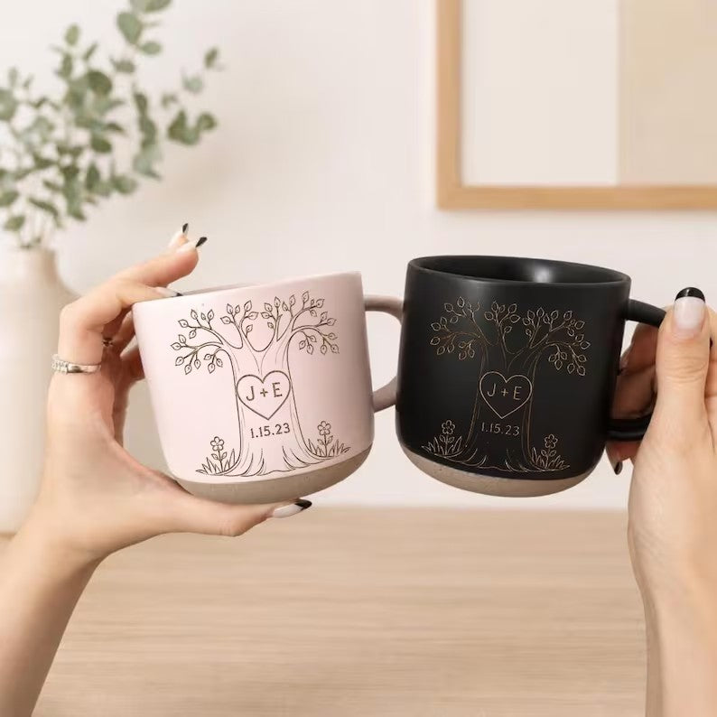 Personalized Couple Pottery Mug, Printed or Engraved Heart Tree Mug, Custom Initials & Date, Anniversary Gift, Wedding Gift, Romantic Keepsake