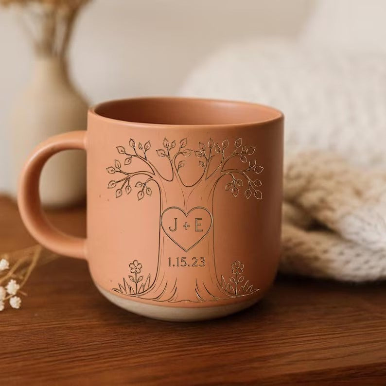 Personalized Couple Pottery Mug, Printed or Engraved Heart Tree Mug, Custom Initials & Date, Anniversary Gift, Wedding Gift, Romantic Keepsake
