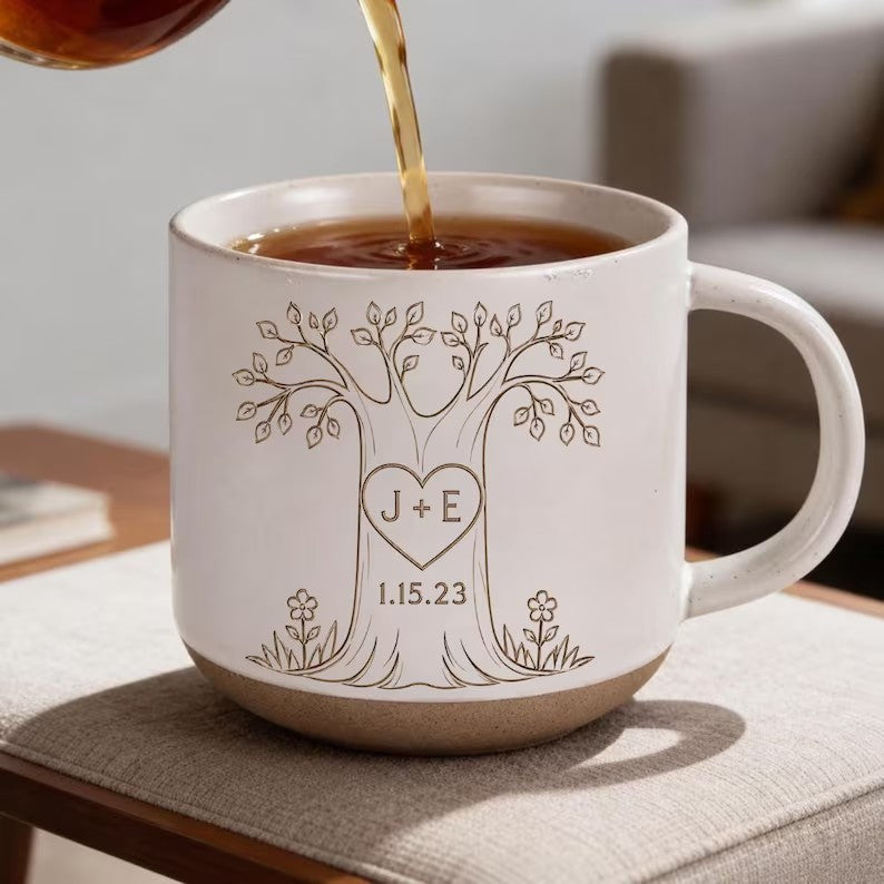 Personalized Couple Pottery Mug, Printed or Engraved Heart Tree Mug, Custom Initials & Date, Anniversary Gift, Wedding Gift, Romantic Keepsake