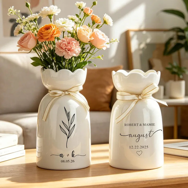 Custom Engagement Flower Vase, Personalized Ceramic Wedding Vase, Wedding Anniversary Gift for Couple, Newlywed Gift, Romantic Keepsake