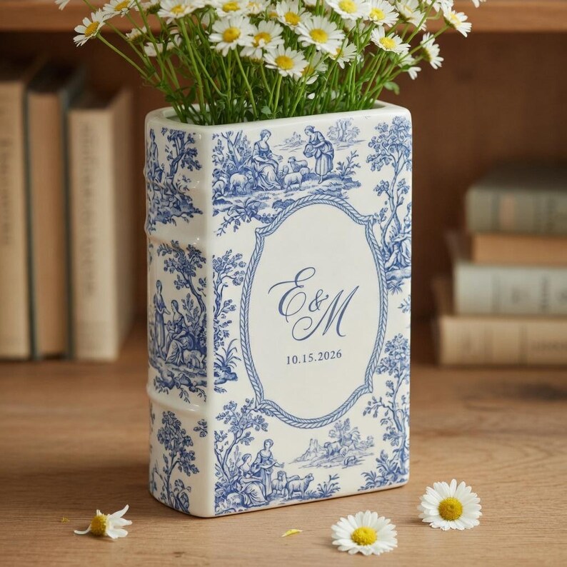 Custom Weding Ceramic Book Vase, Personalized Wedding Flower Vase, Toile de Jouy Vase, Couple Initial Vase, Bridal Shower Gift