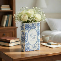 Custom Weding Ceramic Book Vase, Personalized Wedding Flower Vase, Toile de Jouy Vase, Couple Initial Vase, Bridal Shower Gift