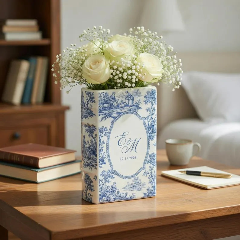 Custom Weding Ceramic Book Vase, Personalized Wedding Flower Vase, Toile de Jouy Vase, Couple Initial Vase, Bridal Shower Gift