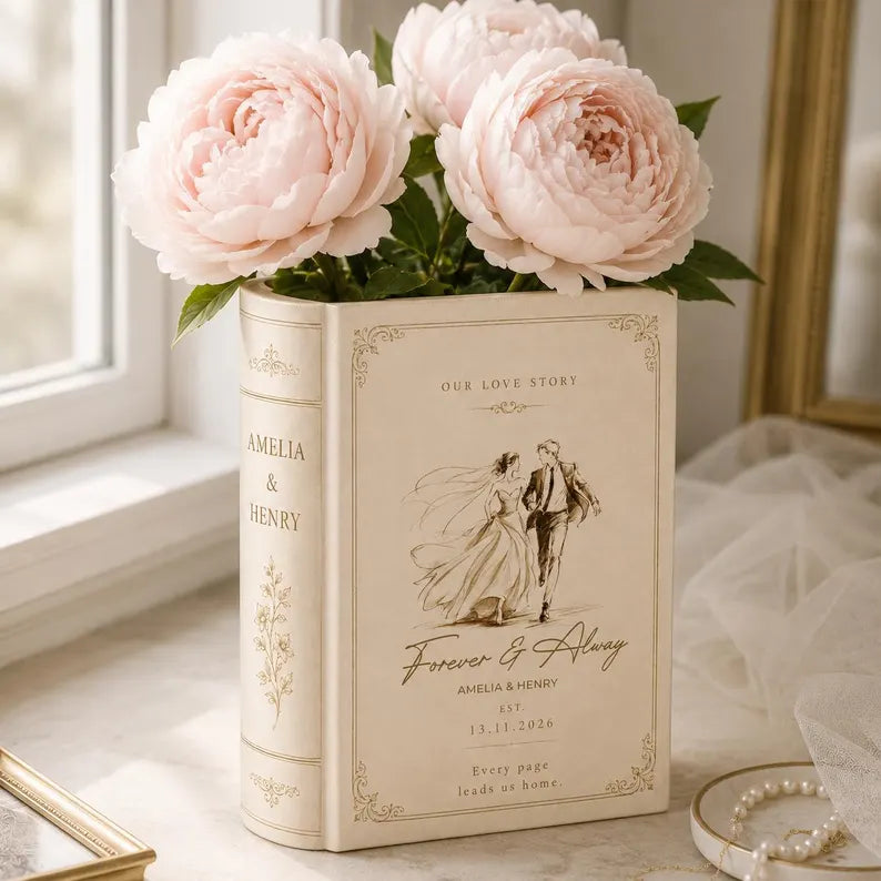 Custom Toile De Jouy Ceramic Book Vase, Personalised Bridal Shower Gift, Wedding Gift for Couple, Newlywed Home Decor