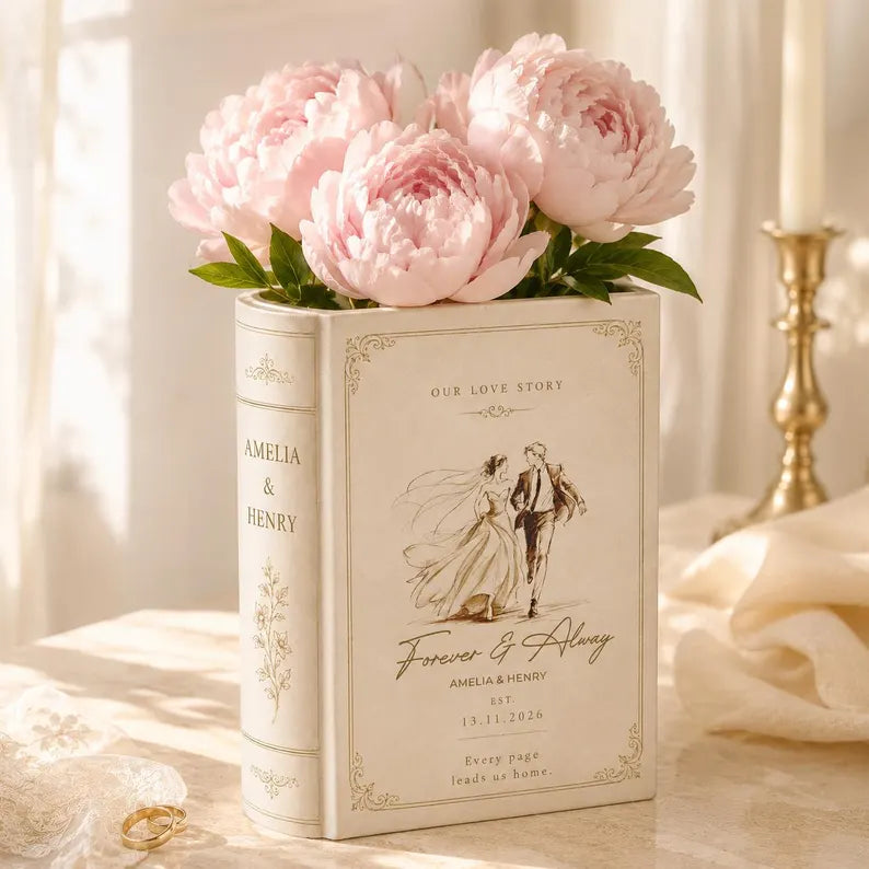 Custom Toile De Jouy Ceramic Book Vase, Personalised Bridal Shower Gift, Wedding Gift for Couple, Newlywed Home Decor