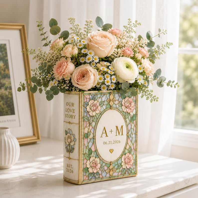 Personalized Ceramic Book Vase, Stained Glass Floral Design, Wedding Couple Gift
