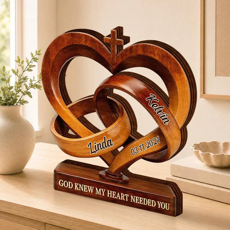 Personalized Infinity Heart Wooden Plaque, Custom Couple Names, Christian Anniversary Keepsake