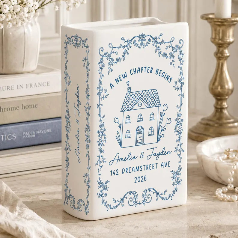Personalised First Home Gift, Custom Ceramic Flower Book Vase for New Home Occasion, Housewarming Gift For Couple,Moving In Gift,Owners Gift