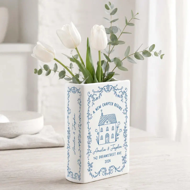 Personalised First Home Gift, Custom Ceramic Flower Book Vase for New Home Occasion, Housewarming Gift For Couple,Moving In Gift,Owners Gift