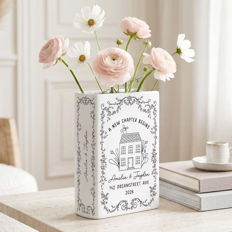 Personalised First Home Gift, Custom Ceramic Flower Book Vase for New Home Occasion, Housewarming Gift For Couple,Moving In Gift,Owners Gift
