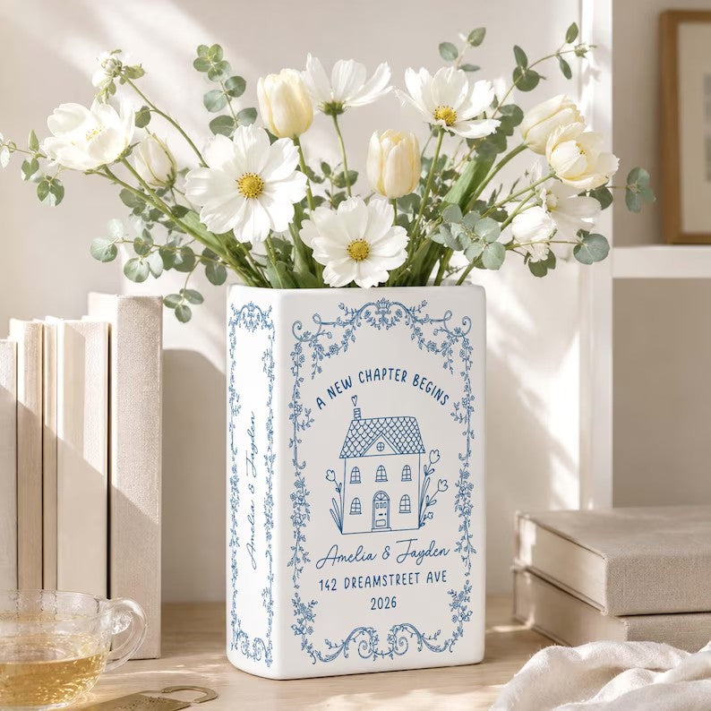 Personalised First Home Gift, Custom Ceramic Flower Book Vase for New Home Occasion, Housewarming Gift For Couple,Moving In Gift,Owners Gift