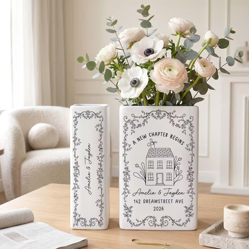 Personalised First Home Gift, Custom Ceramic Flower Book Vase for New Home Occasion, Housewarming Gift For Couple,Moving In Gift,Owners Gift
