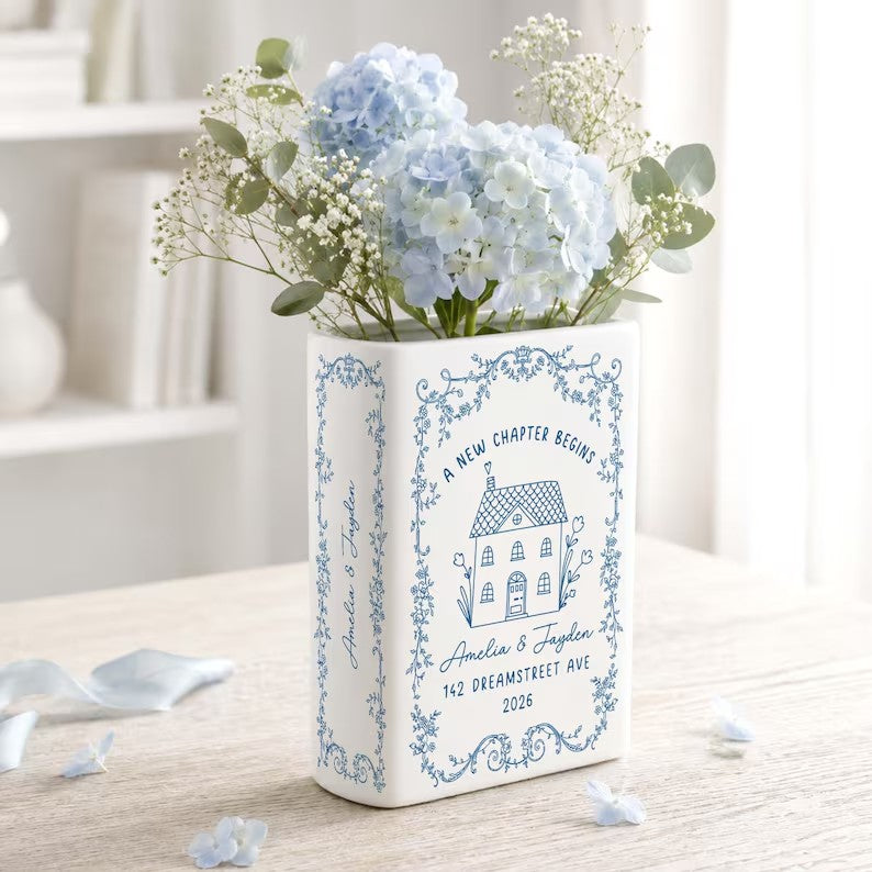 Personalised First Home Gift, Custom Ceramic Flower Book Vase for New Home Occasion, Housewarming Gift For Couple,Moving In Gift,Owners Gift