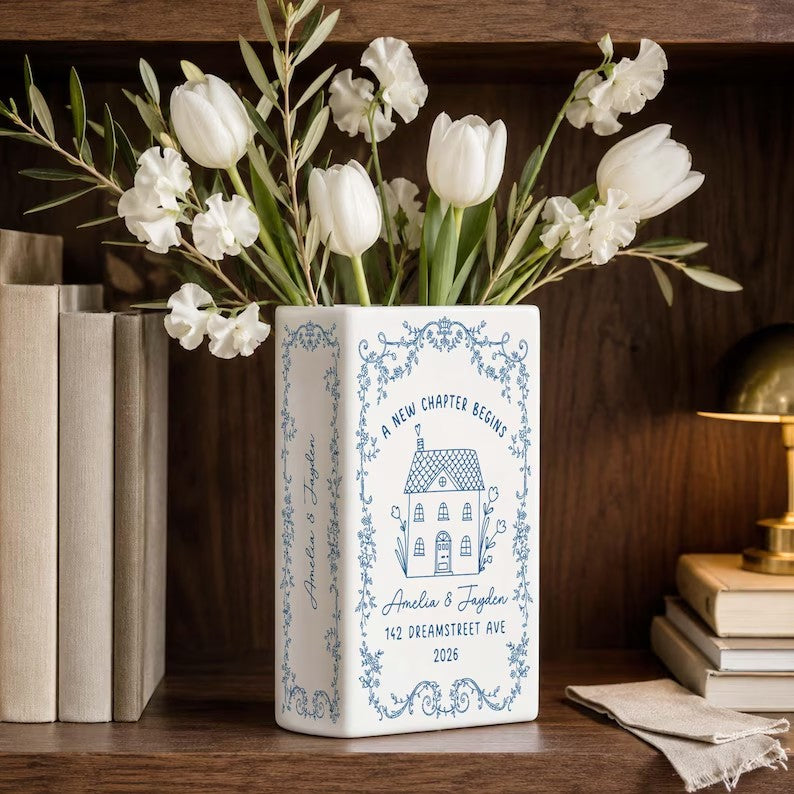 Personalised First Home Gift, Custom Ceramic Flower Book Vase for New Home Occasion, Housewarming Gift For Couple,Moving In Gift,Owners Gift