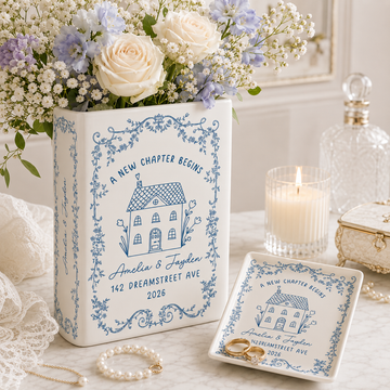 Personalised First Home Gift, Custom Ceramic Flower Book Vase for New Home Occasion, Housewarming Gift For Couple,Moving In Gift,Owners Gift