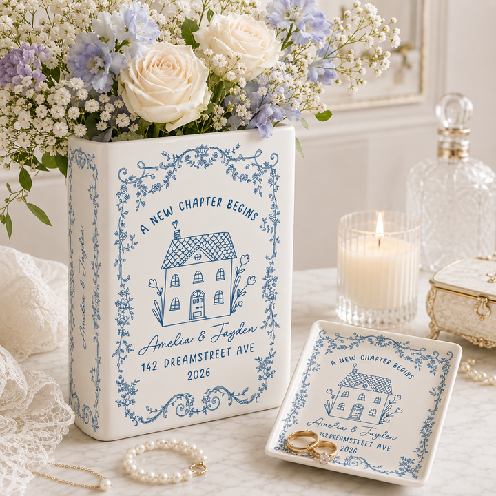 Personalised First Home Gift, Custom Ceramic Flower Book Vase for New Home Occasion, Housewarming Gift For Couple,Moving In Gift,Owners Gift