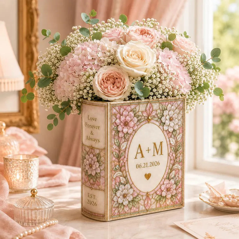 Custom Wedding Flower Vase, Personalized Ceramic Book Vase, Initials and Date Book Vase, Stained Glass Vase, Anniversary Newlywed Gift