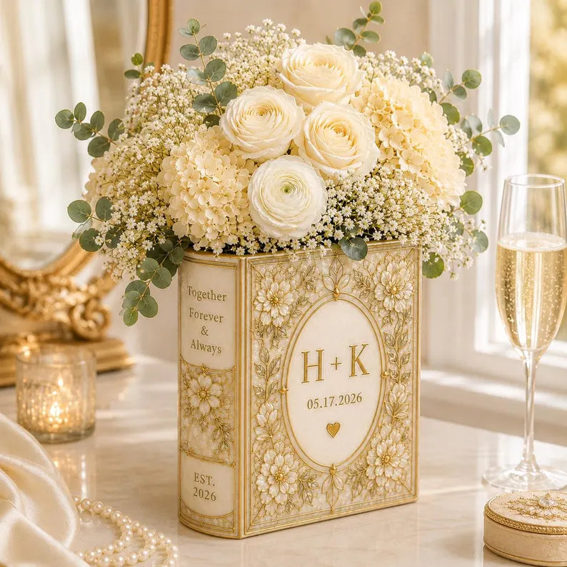 Custom Wedding Flower Vase, Personalized Ceramic Book Vase, Initials and Date Book Vase, Stained Glass Vase, Anniversary Newlywed Gift