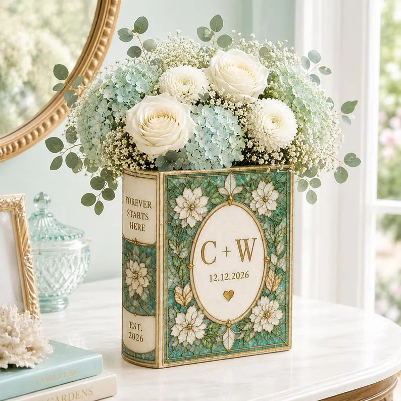 Custom Wedding Flower Vase, Personalized Ceramic Book Vase, Initials and Date Book Vase, Stained Glass Vase, Anniversary Newlywed Gift