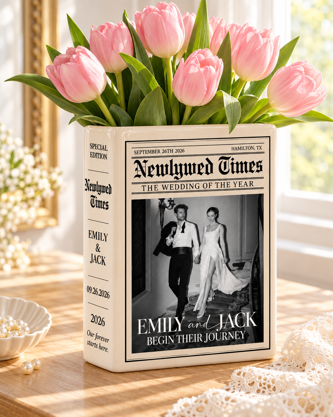 Personalized wedding newspaper book vase with pink tulips