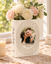 Ivory ceramic Wedding Vows book vase with personalized couple photo