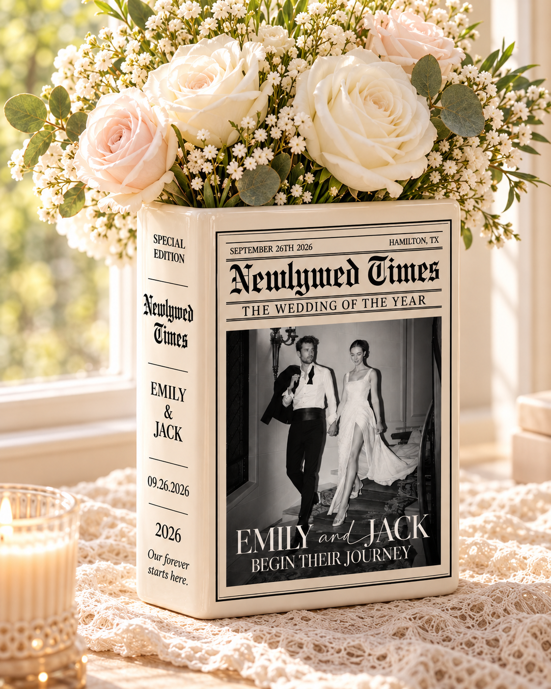 Personalized newspaper wedding vase displayed by a window