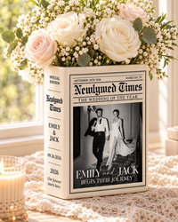 Personalized newspaper wedding vase displayed by a window