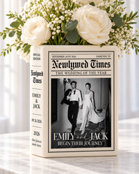 Ivory Newlywed Times wedding photo book vase with white roses