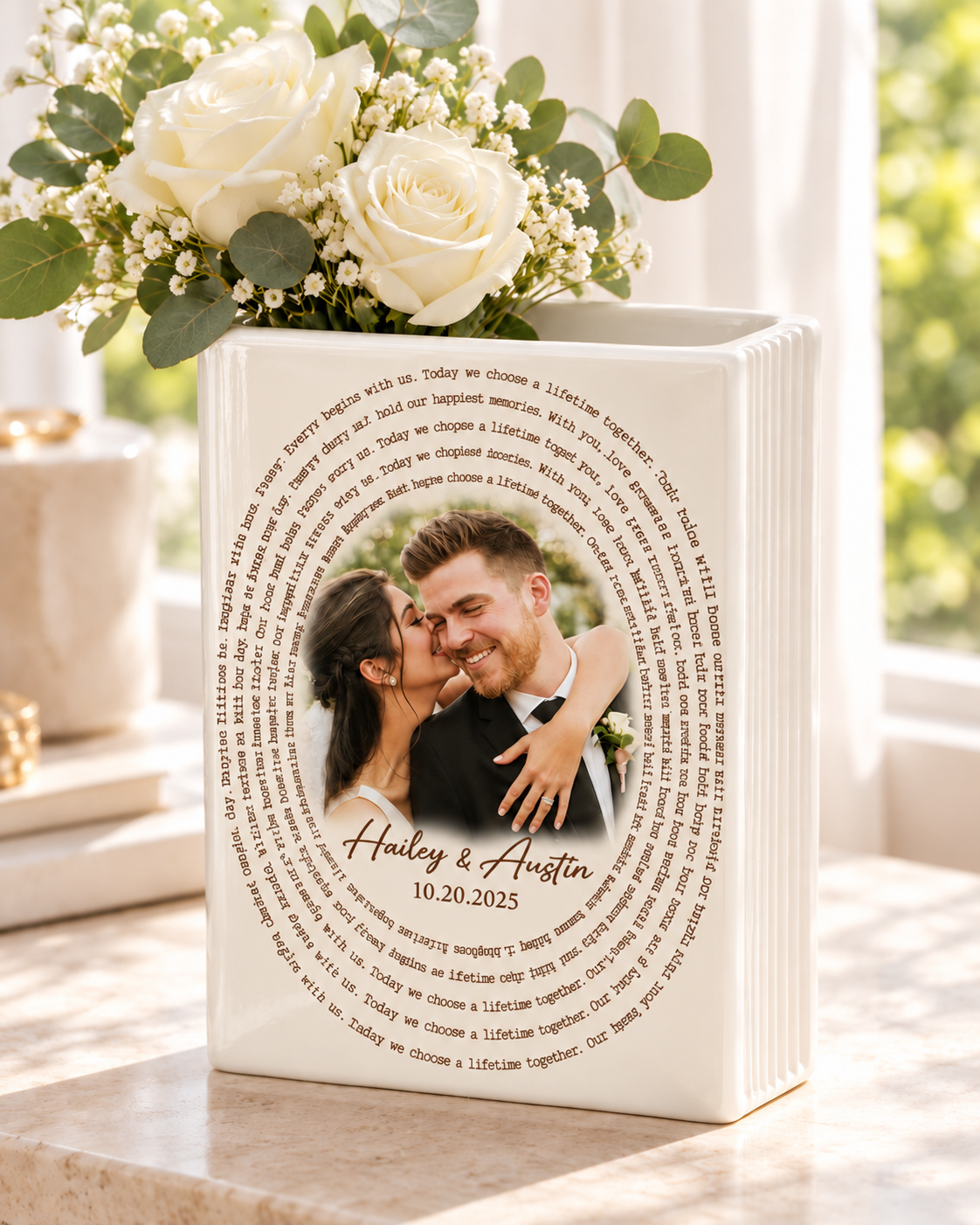 Personalized wedding vow vase with custom photo, names, and date