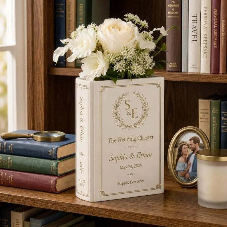Personalized Wedding Book Vase, Custom Couple Flower Holder, Literary Bridal Decor, Anniversary Keepsake, Romantic GIFT 2026 for Newlyweds