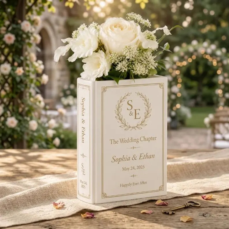 Personalized Wedding Book Vase, Custom Couple Flower Holder, Literary Bridal Decor, Anniversary Keepsake, Romantic GIFT 2026 for Newlyweds