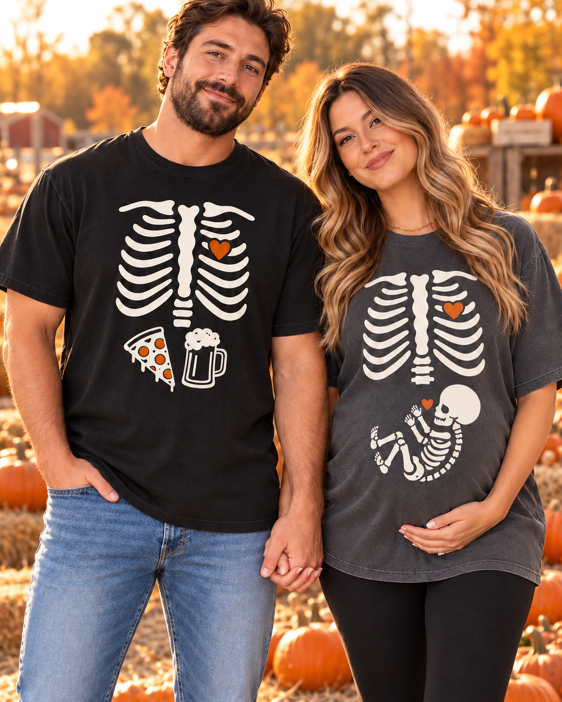 Matching ribcage pregnancy announcement tees at pumpkin farm
