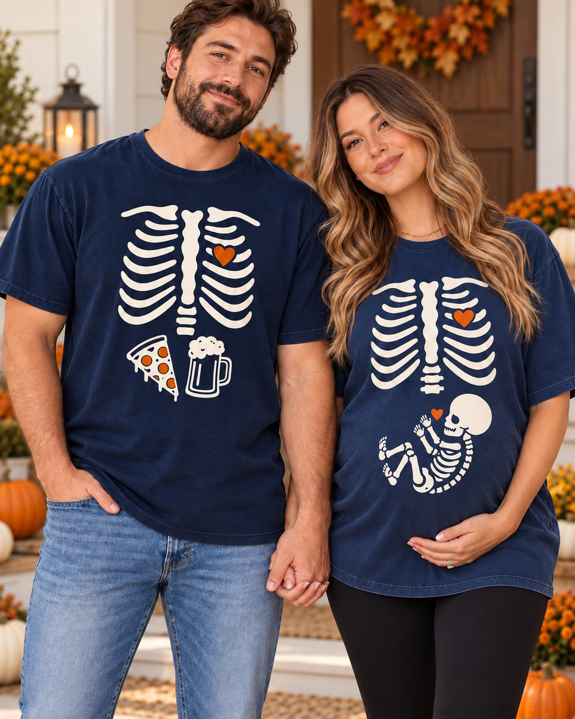 Navy matching skeleton pregnancy announcement couple shirts