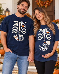 Navy matching skeleton pregnancy announcement couple shirts