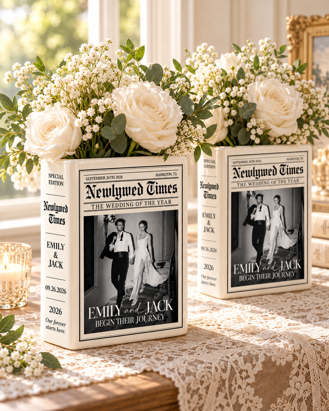 Small and large personalized Newlywed Times ceramic book vases with white roses