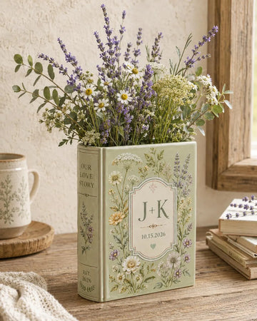 Personalized Ceramic Book Vase, Custom Name Date Book Vase, Wedding Gift for Couple, Anniversary Gift, Book Lover Vase, Floral Home Decor