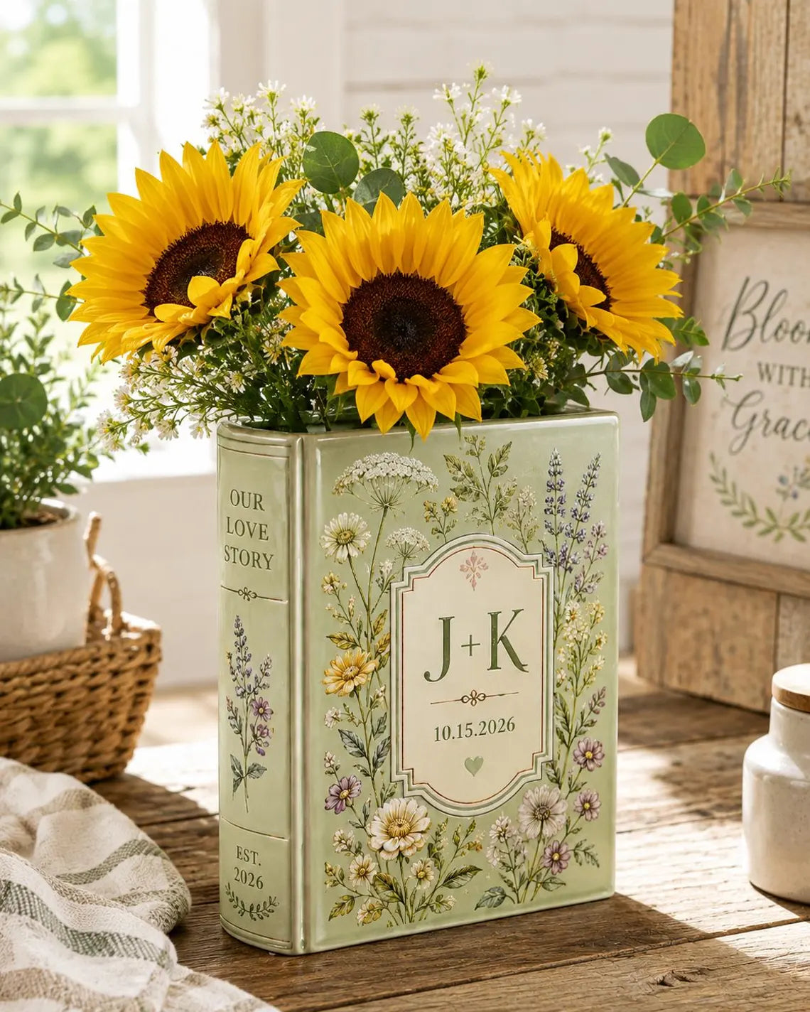 Personalized Ceramic Book Vase, Custom Name Date Book Vase, Wedding Gift for Couple, Anniversary Gift, Book Lover Vase, Floral Home Decor