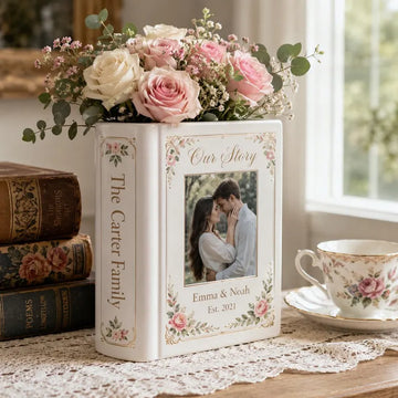Personalized Photo Book Vase, Literary Bookshop Decor, Ceramic Flower Holder
