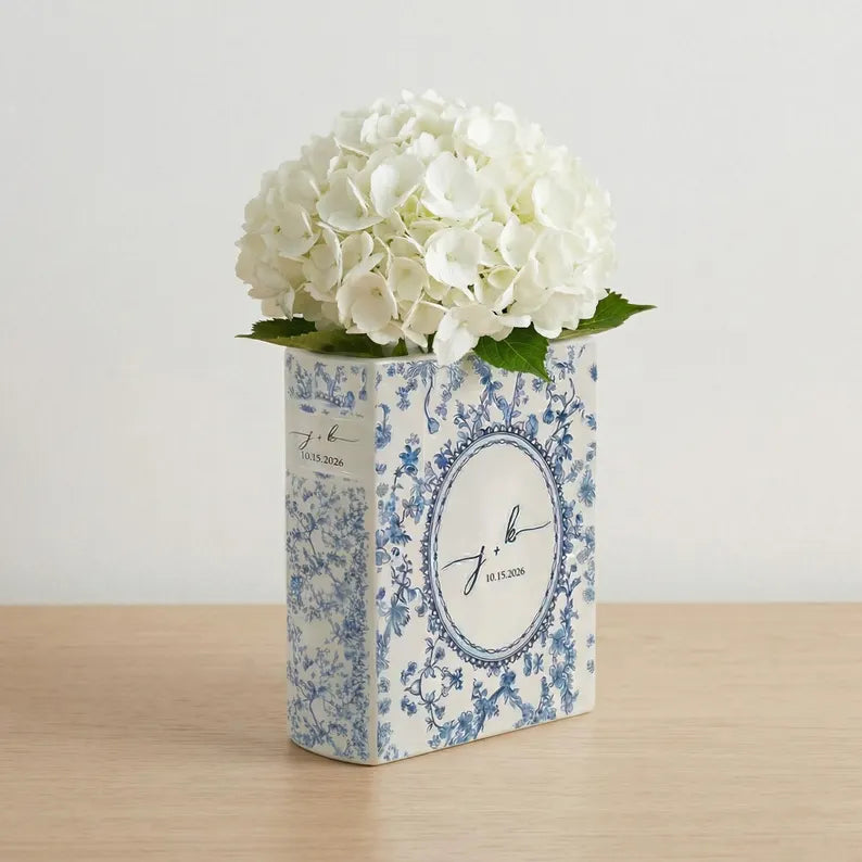 Personalized Weeding Ceramic Book Vase, Custom Wedding Vase, Toile de Jouy Vase, Couple Initial Gift, Bridal Shower Gift