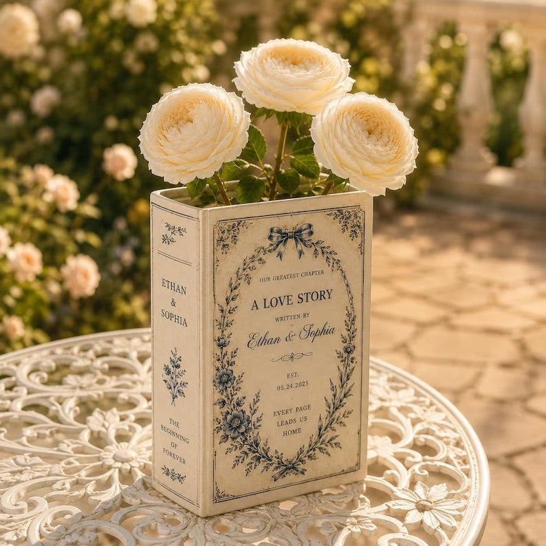 Personalized Ceramic Book Vase, Custom Wedding Book Flower Vase, Couple Anniversary Gift, Literary Home Decor, Bridal Shower Keepsake